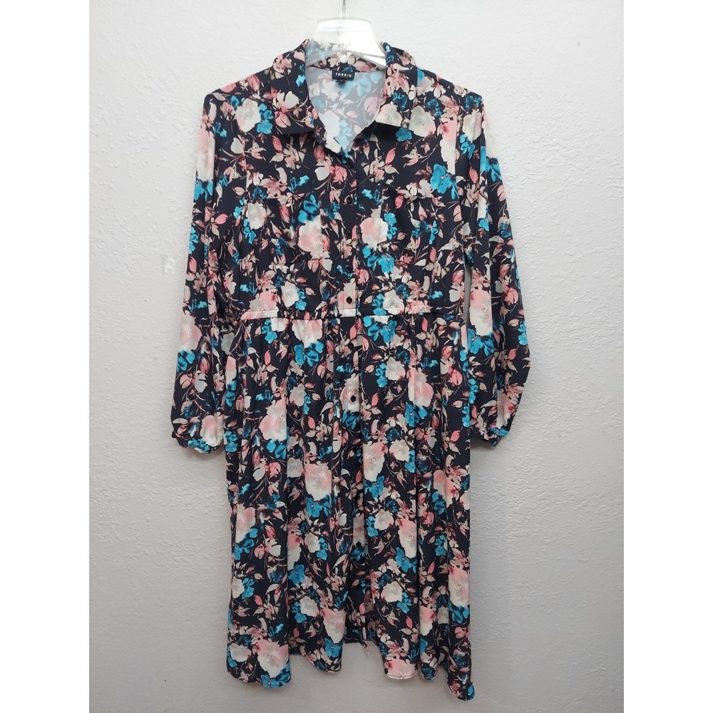 Torrid Dress Womens 1 Blue Floral Shirt Button‎ Front Maxi Flowy Boho Cottage